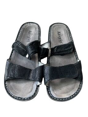 Alegria Karmen Slide Sandals Black Leather Textured Metallic Size 40